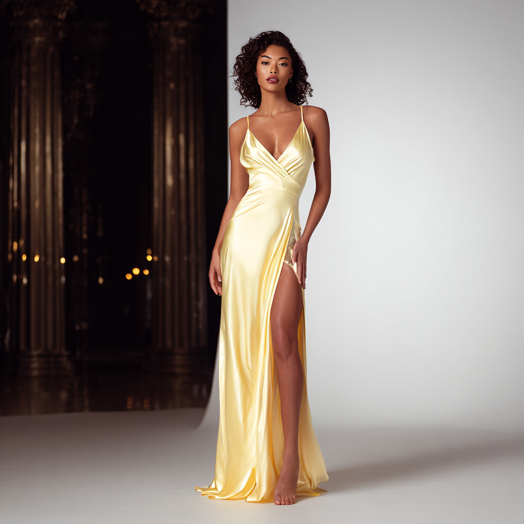 Robe de nuit satinée élégante longue pour femme, coupe fluide et séduisante