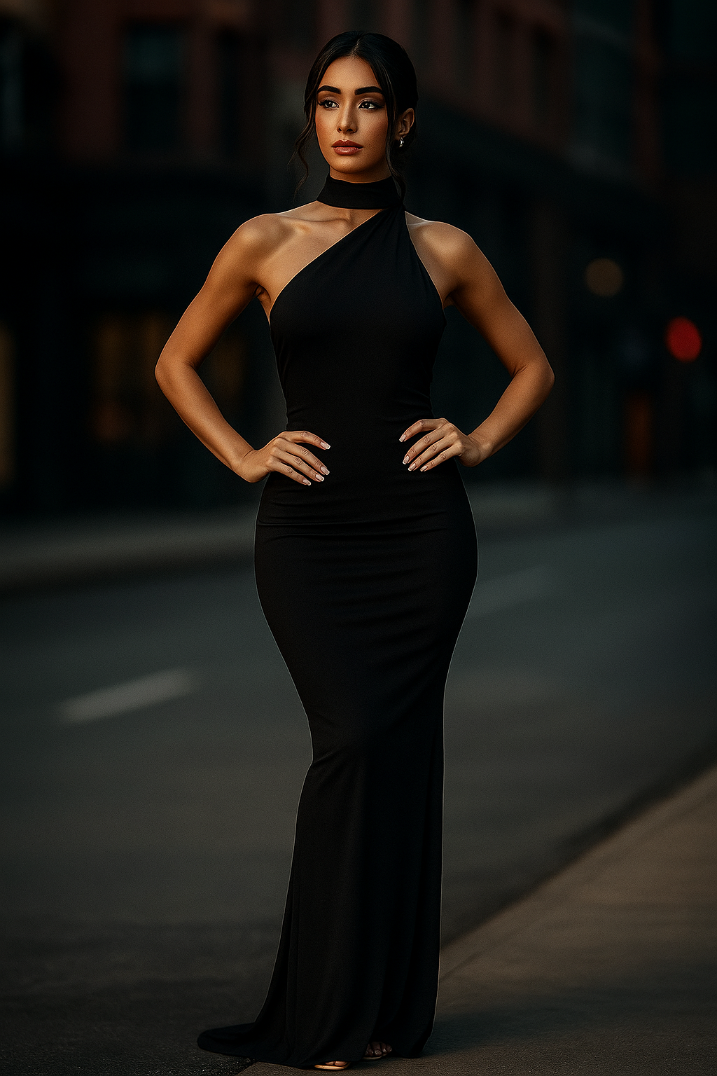 Maxi Dress élégante pour soirées, coupe ajustée et détail col asymétrique