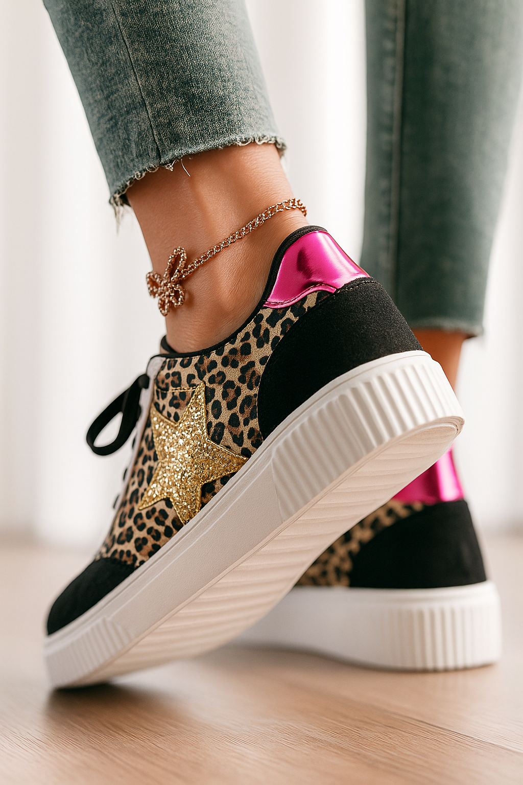 Leopard print sneaker with gold star detail on a blurred background