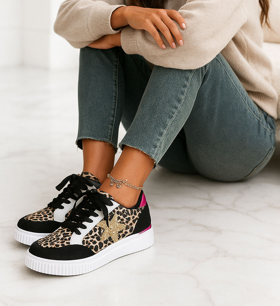 Person wearing leopard print sneakers with black and white accents on a light background