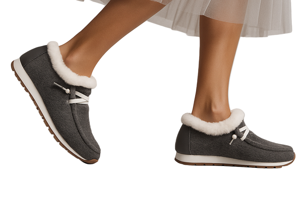 Gray slippers with white fur trim worn by a person on a light gray background