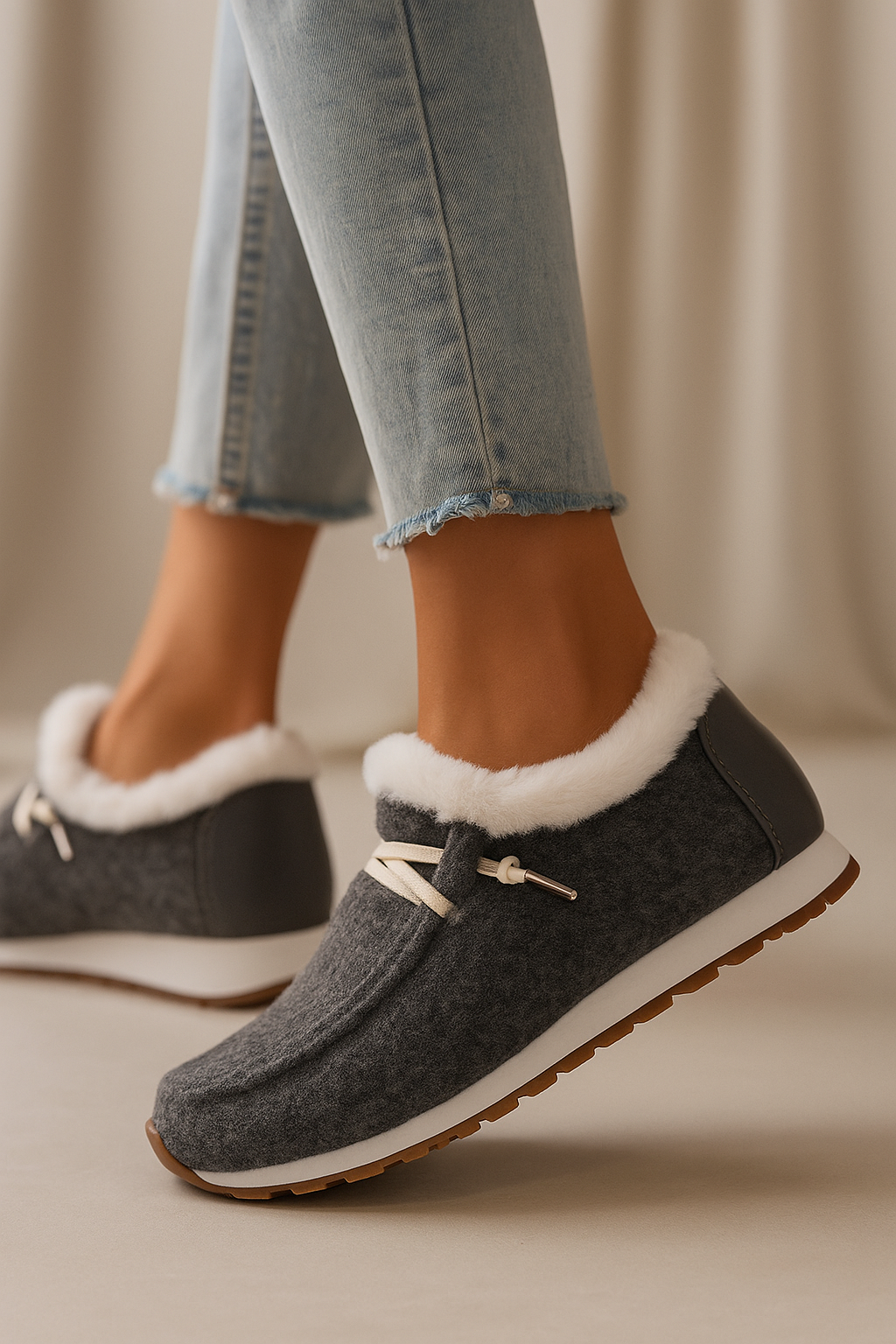 Gray slippers with white fur trim worn with light blue jeans on a neutral background
