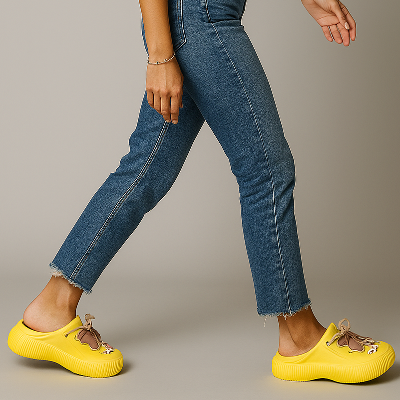 Person wearing blue jeans and yellow shoes with brown laces on a neutral background