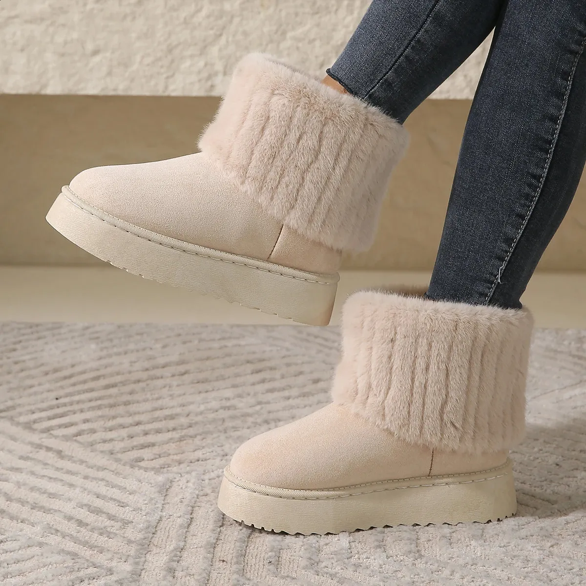 Bottes courtes grande taille pour femmes, chaudes et confortables, bout rond, caoutchouc