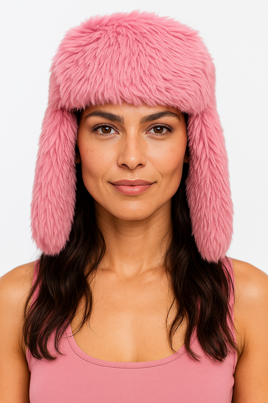 Woman wearing a pink furry hat against a white background