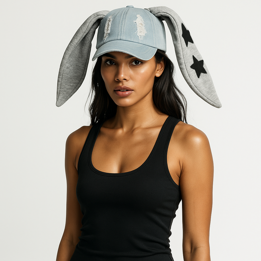 Woman wearing a black tank top and a light blue baseball cap with bunny ears on a gray background