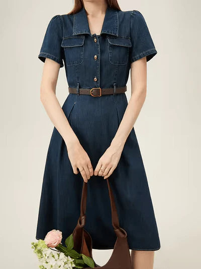 Women's French Temperament Elegant Retro Denim Dress - High Waist, Versatile Summer Design