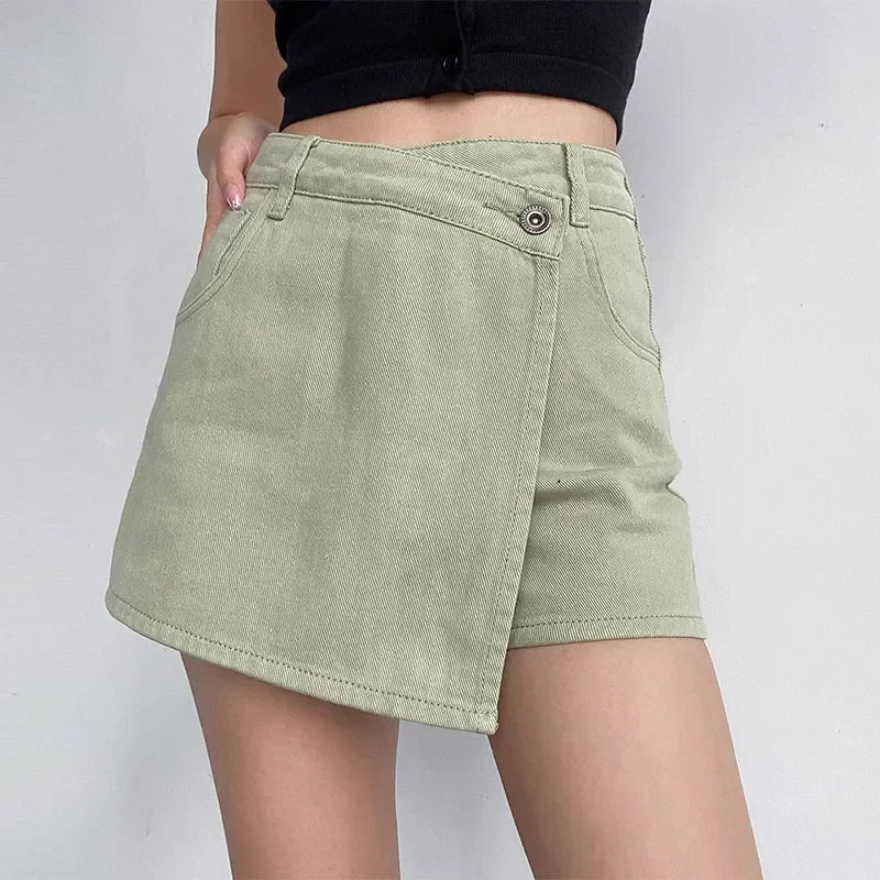 Belenzia Chic Denim Skort – Asymmetrical Layered Design with Light Distressing