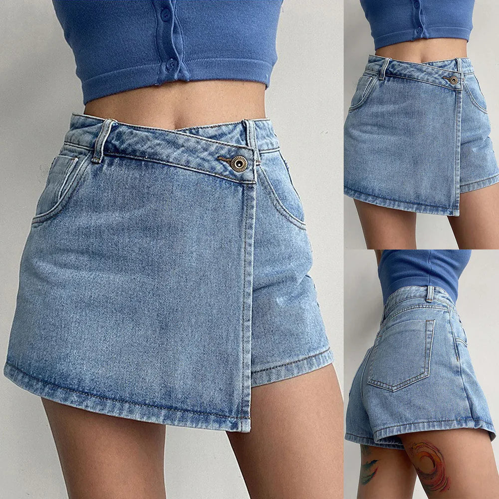 Belenzia Chic Denim Skort – Asymmetrical Layered Design with Light Distressing