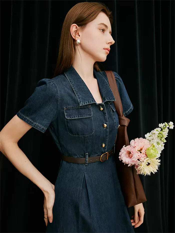 Women's French Temperament Elegant Retro Denim Dress - High Waist, Versatile Summer Design