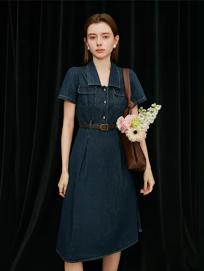 Women's French Temperament Elegant Retro Denim Dress - High Waist, Versatile Summer Design