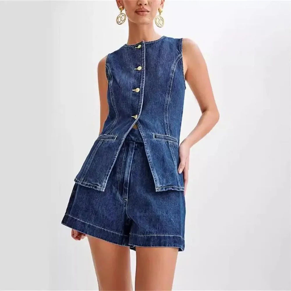 Women's 2 Piece Set: Sleeveless O-Neck Split Top & Wide High Waisted Denim Shorts