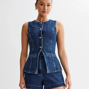 Women's 2 Piece Set: Sleeveless O-Neck Split Top & Wide High Waisted Denim Shorts