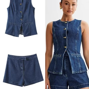 Women's 2 Piece Set: Sleeveless O-Neck Split Top & Wide High Waisted Denim Shorts