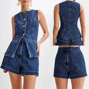 Women's 2 Piece Set: Sleeveless O-Neck Split Top & Wide High Waisted Denim Shorts