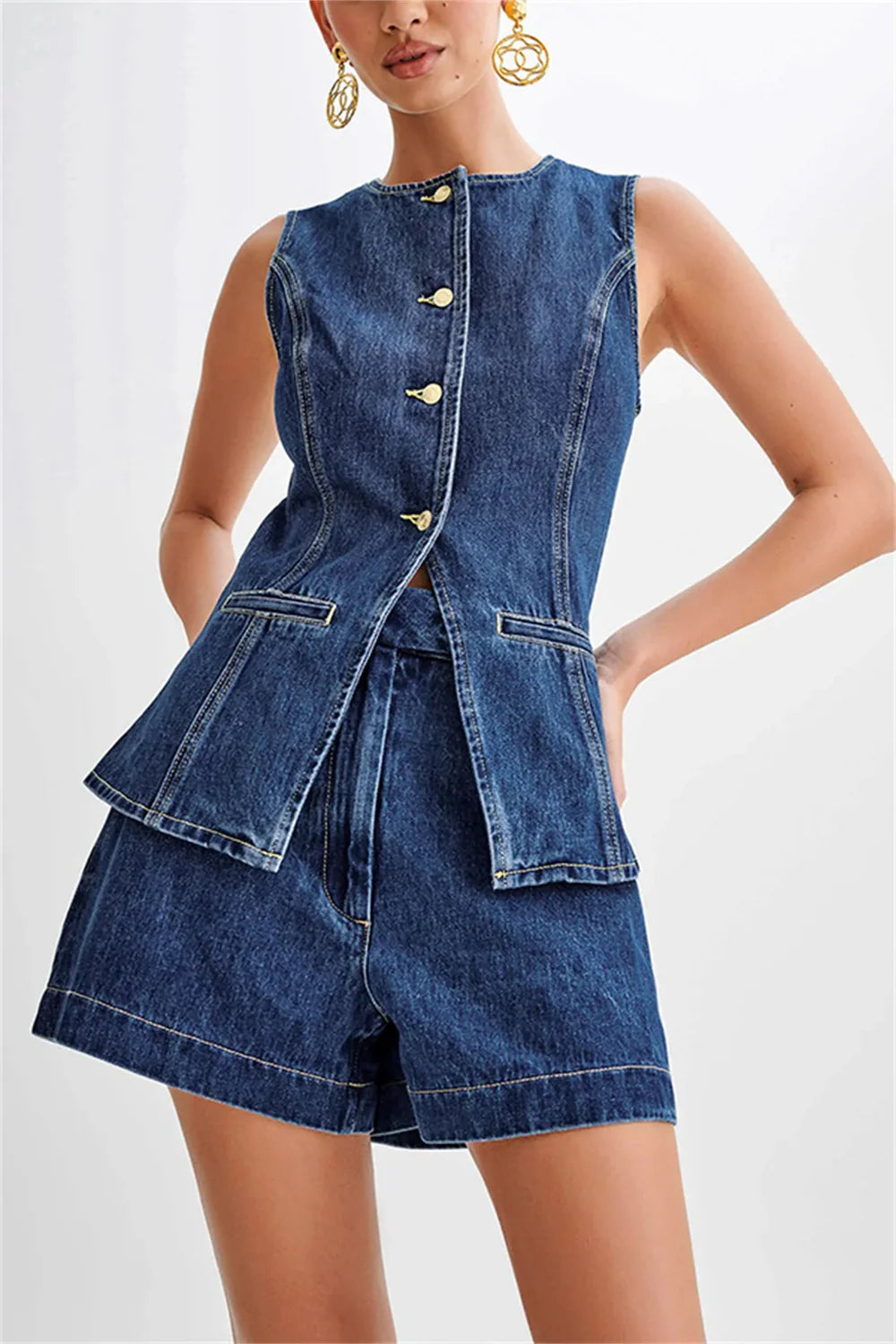 Women's 2 Piece Set: Sleeveless O-Neck Split Top & Wide High Waisted Denim Shorts